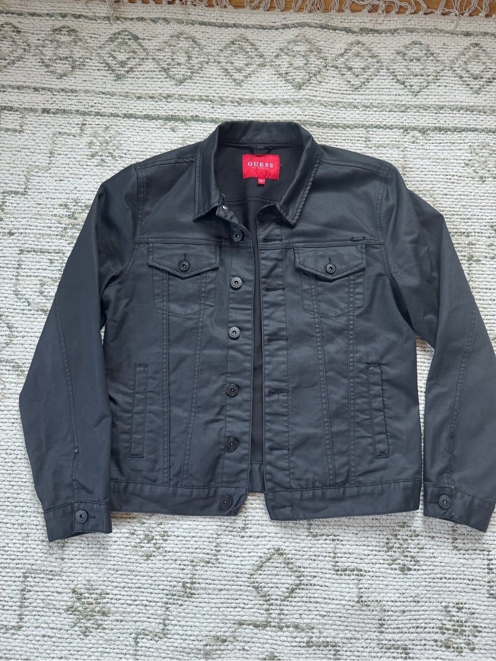 Guess Black Denim-Style Trucker Jacket with Red Label